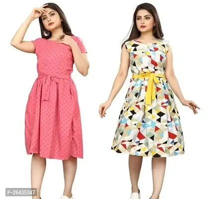 Stylish Multicolored Crepe Abstract Print A-Line Dress For Women Pack Of 2