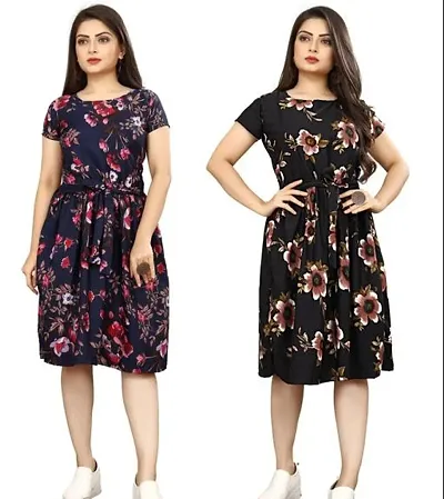 Stylish Multicolored Crepe Abstract Print A-Line Dress For Women Pack Of 2