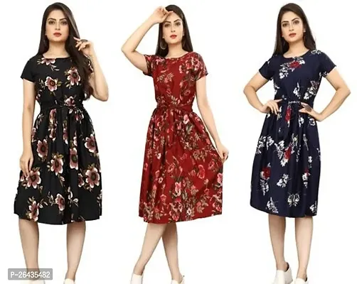 Stylish Multicolored Crepe Abstract Print A-Line Dress For Women Pack Of 3