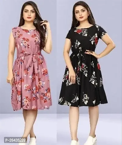 Stylish Multicolored Crepe Abstract Print A-Line Dress For Women Pack Of 2-thumb0