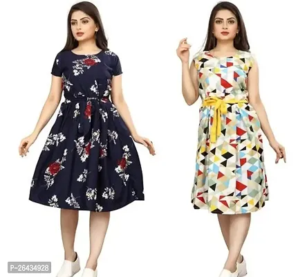 Stylish Multicolored Crepe Abstract Print A-Line Dress For Women Pack Of 2