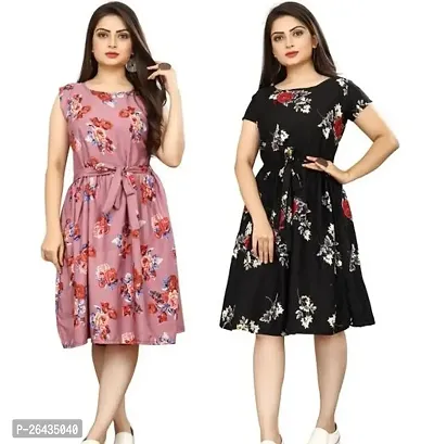 Stylish Multicolored Crepe Abstract Print A-Line Dress For Women Pack Of 2