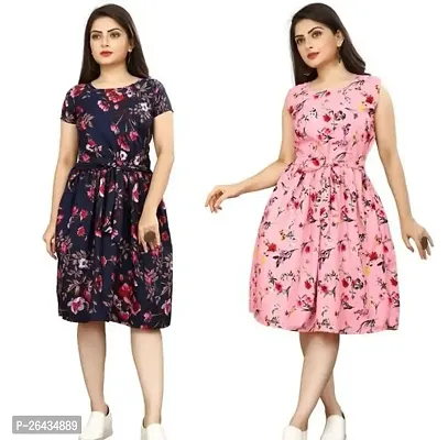 Stylish Multicolored Crepe Abstract Print A-Line Dress For Women Pack Of 2-thumb0