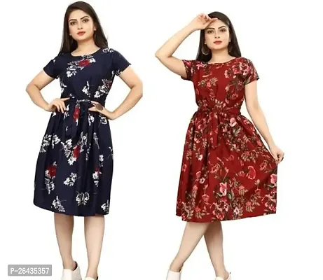 Stylish Multicolored Crepe Abstract Print A-Line Dress For Women Pack Of 2-thumb0