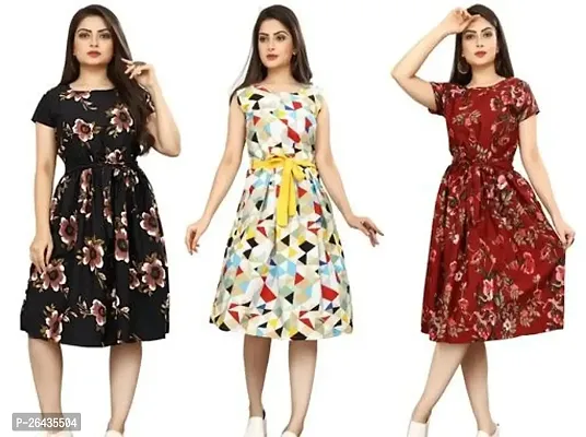 Stylish Multicolored Crepe Abstract Print A-Line Dress For Women Pack Of 3