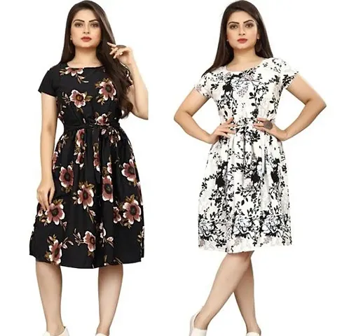 Stylish Crepe Abstract Print A-Line Dress For Women Pack Of 2