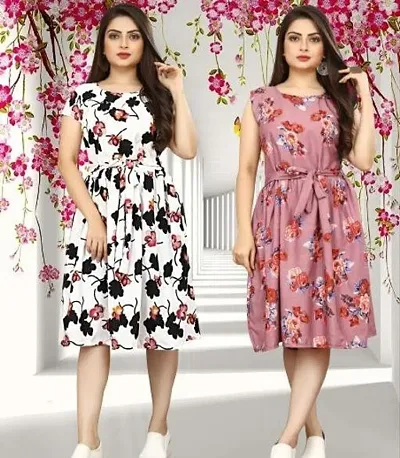 Stylish Crepe Abstract Print A-Line Dress For Women Pack Of 2