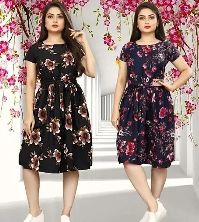 Stylish Crepe Abstract Print A-Line Dress For Women Pack Of 2