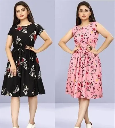 Stylish Crepe Abstract Print A-Line Dress For Women Pack Of 2