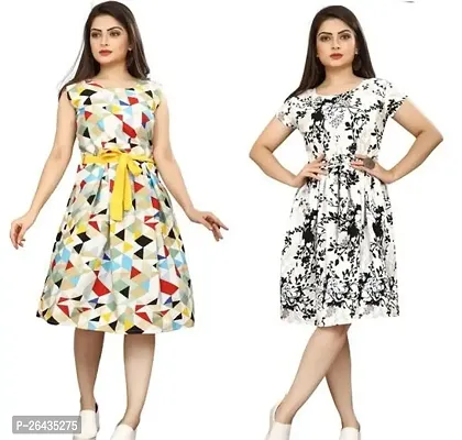 Stylish Multicolored Crepe Abstract Print A-Line Dress For Women Pack Of 2