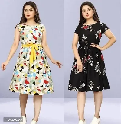 Stylish Multicolored Crepe Abstract Print A-Line Dress For Women Pack Of 2