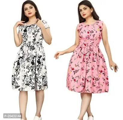 Stylish Multicolored Crepe Abstract Print A-Line Dress For Women Pack Of 2