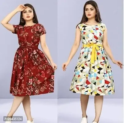 Stylish Multicolored Crepe Abstract Print A-Line Dress For Women Pack Of 2