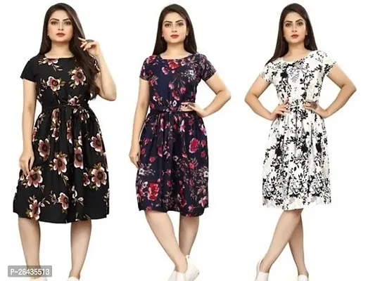 Stylish Multicolored Crepe Abstract Print A-Line Dress For Women Pack Of 3