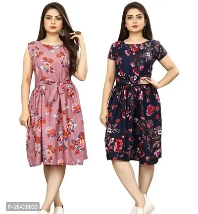 Stylish Multicolored Crepe Abstract Print A-Line Dress For Women Pack Of 2