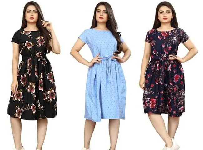 Stylish Crepe Abstract Print A-Line Dress For Women Pack Of 3