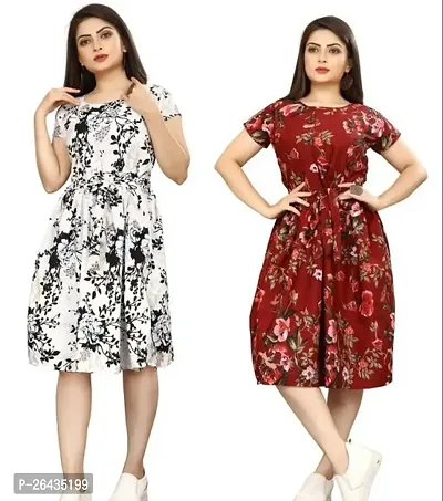 Stylish Multicolored Crepe Abstract Print A-Line Dress For Women Pack Of 2