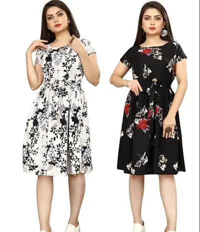 Stylish Multicolored Crepe Abstract Print A-Line Dress For Women Pack Of 2