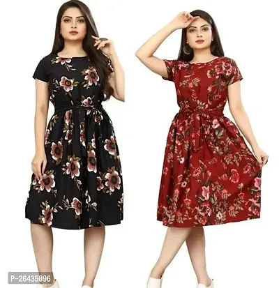 Stylish Multicolored Crepe Abstract Print A-Line Dress For Women Pack Of 2