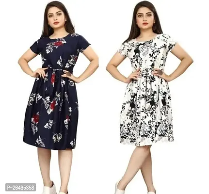 Stylish Multicolored Crepe Abstract Print A-Line Dress For Women Pack Of 2-thumb0