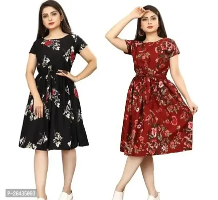 Stylish Multicolored Crepe Abstract Print A-Line Dress For Women Pack Of 2