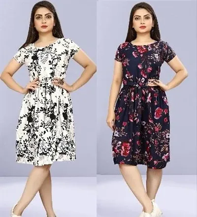 Stylish Multicolored Crepe Abstract Print A-Line Dress For Women Pack Of 2