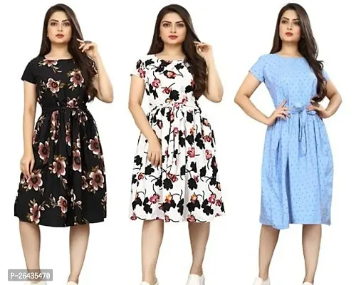 Stylish Multicolored Crepe Abstract Print A-Line Dress For Women Pack Of 3