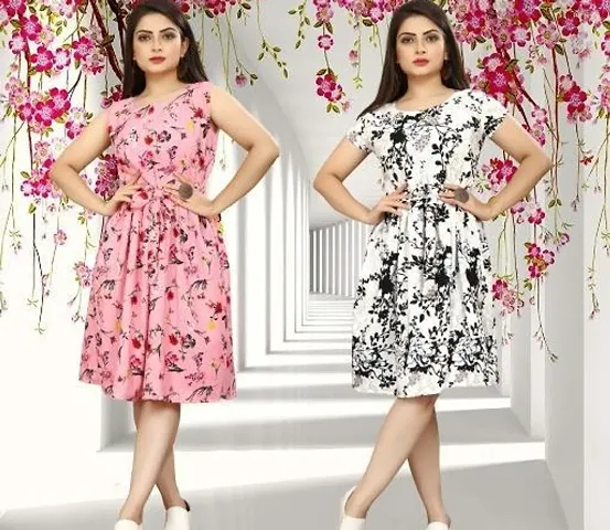 Stylish Crepe Abstract Print A-Line Dress For Women Pack Of 2