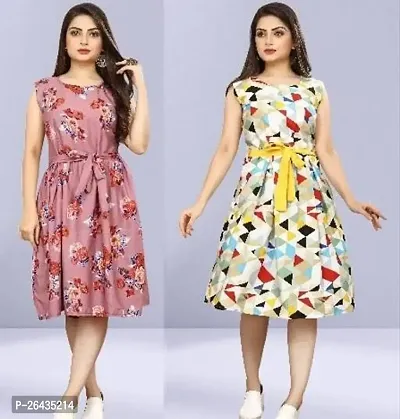 Stylish Multicolored Crepe Abstract Print A-Line Dress For Women Pack Of 2