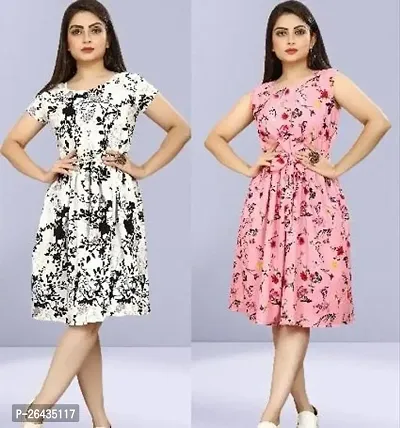 Stylish Multicolored Crepe Abstract Print A-Line Dress For Women Pack Of 2-thumb0