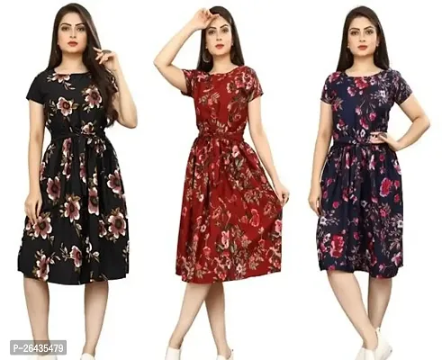 Stylish Multicolored Crepe Abstract Print A-Line Dress For Women Pack Of 3