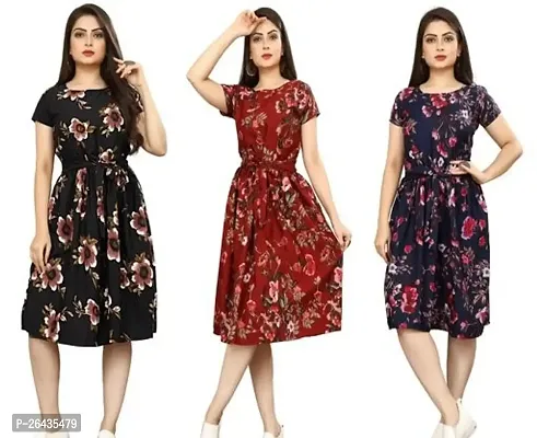 Stylish Multicolored Crepe Abstract Print A-Line Dress For Women Pack Of 3-thumb0