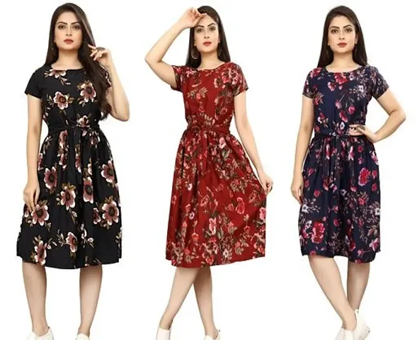 Stylish Crepe Abstract Print A-Line Dress For Women Pack Of 3