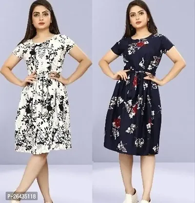 Stylish Multicolored Crepe Abstract Print A-Line Dress For Women Pack Of 2-thumb0