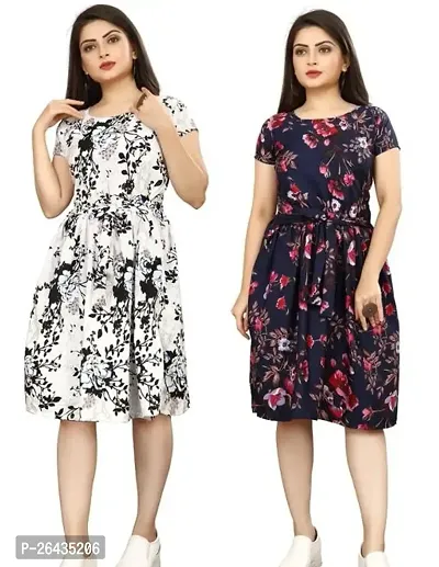 Stylish Multicolored Crepe Abstract Print A-Line Dress For Women Pack Of 2