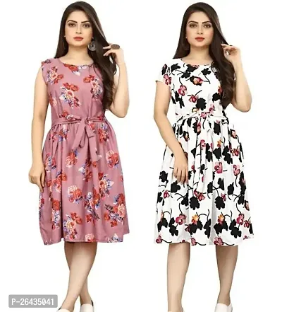 Stylish Multicolored Crepe Abstract Print A-Line Dress For Women Pack Of 2