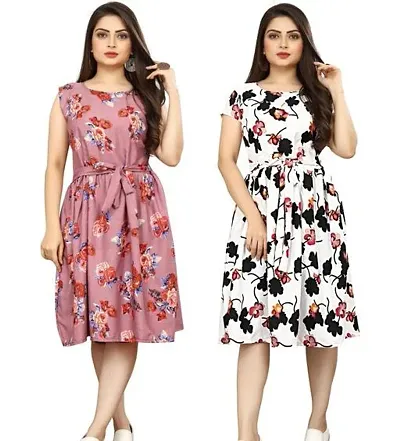 Stylish Crepe Abstract Print A-Line Dress For Women Pack Of 2