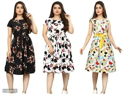 Stylish Multicolored Crepe Abstract Print A-Line Dress For Women Pack Of 3-thumb0
