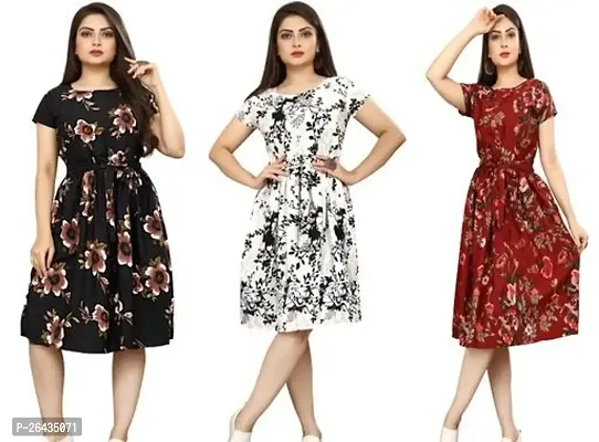 Stylish Multicolored Crepe Abstract Print A-Line Dress For Women Pack Of 3