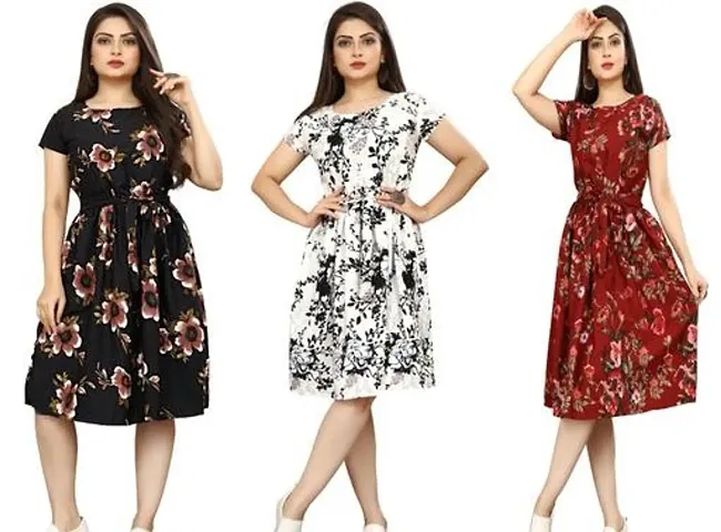 Stylish Crepe Abstract Print A-Line Dress For Women Pack Of 3