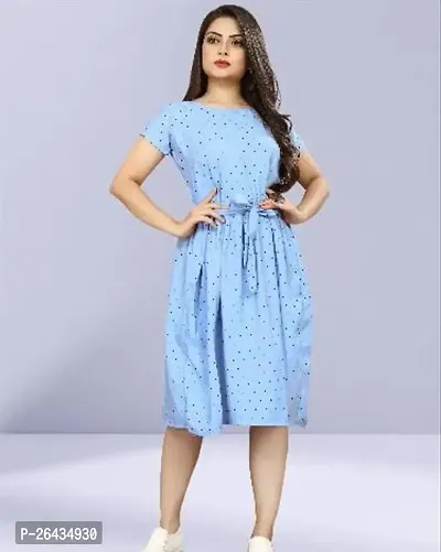 Stylish Blue Crepe Polka Dot Print A-Line Dress For Women-thumb0