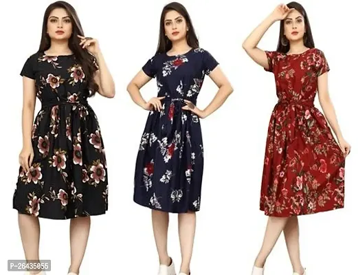 Stylish Multicolored Crepe Abstract Print A-Line Dress For Women Pack Of 3