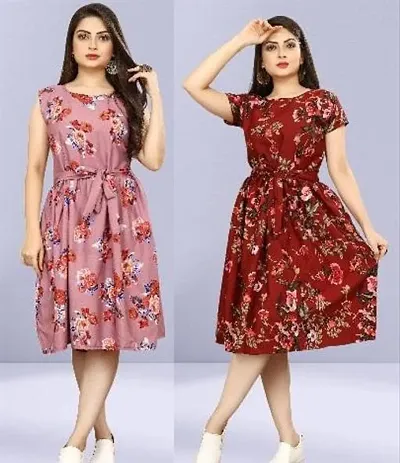 Stylish Crepe Abstract Print A-Line Dress For Women Pack Of 2