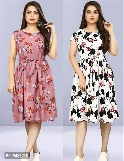 Stylish Multicolored Crepe Abstract Print A-Line Dress For Women Pack Of 2