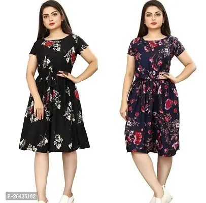 Stylish Multicolored Crepe Abstract Print A-Line Dress For Women Pack Of 2