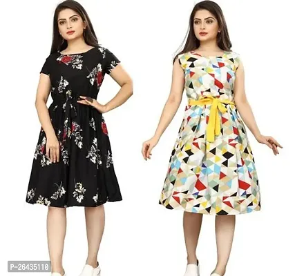 Stylish Multicolored Crepe Abstract Print A-Line Dress For Women Pack Of 2-thumb0