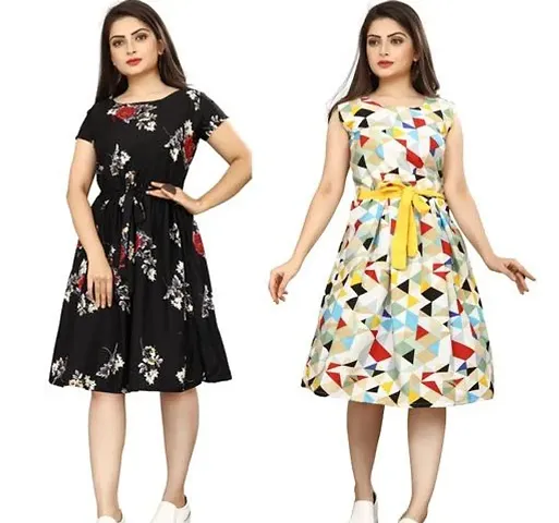 Stylish Crepe Abstract Print A-Line Dress For Women Pack Of 2