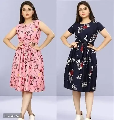 Stylish Multicolored Crepe Abstract Print A-Line Dress For Women Pack Of 2