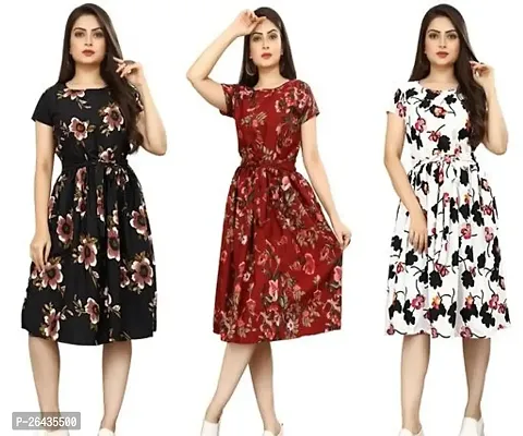 Stylish Multicolored Crepe Abstract Print A-Line Dress For Women Pack Of 3