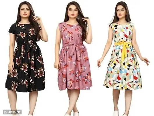 Stylish Multicolored Crepe Abstract Print A-Line Dress For Women Pack Of 3